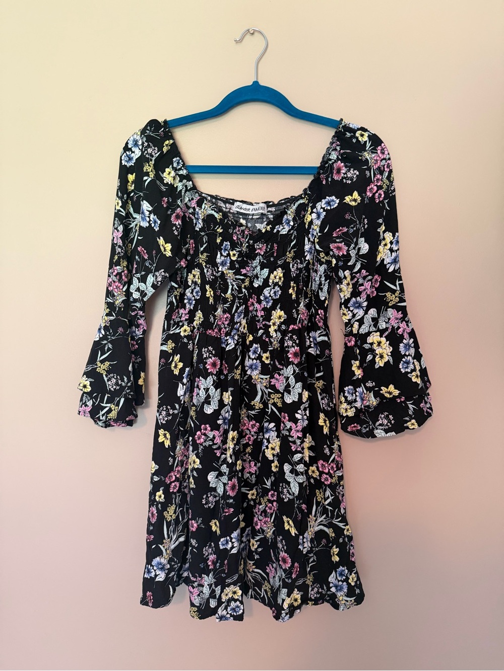Almost Famous Black Floral Smocked Top with Pastel Blooms
